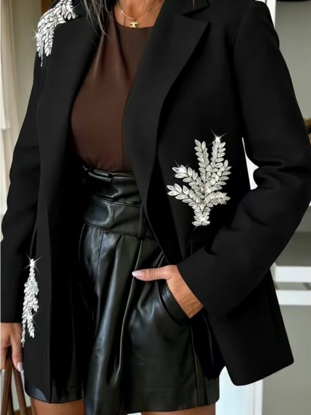 Black Embellished Blazer Jacket with Silver Leaf Appliqué